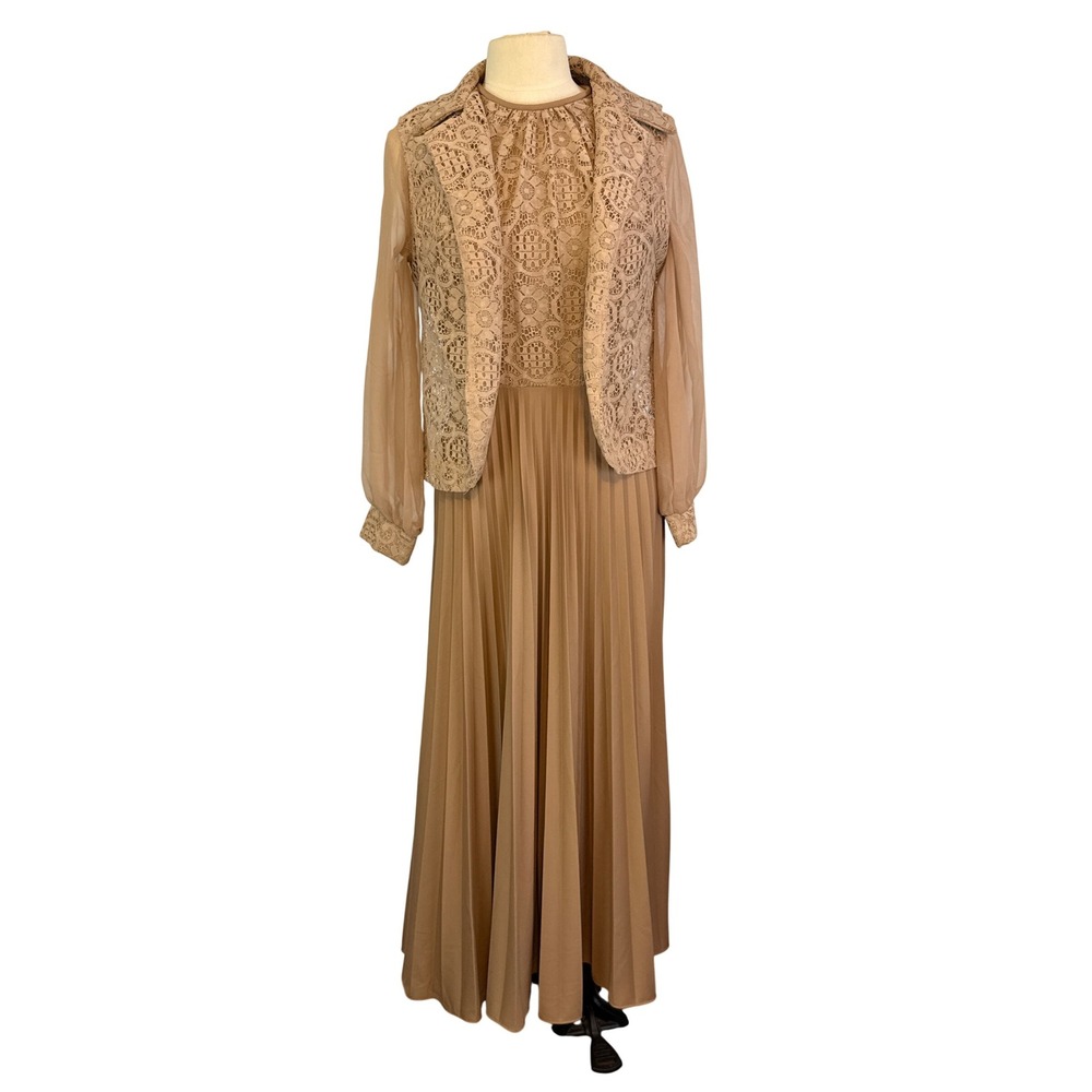 Vintage 60s 70s Beige Chiffon Lace Hostess Dress, Maxi, Vest,‎ 36 bust 26 waist